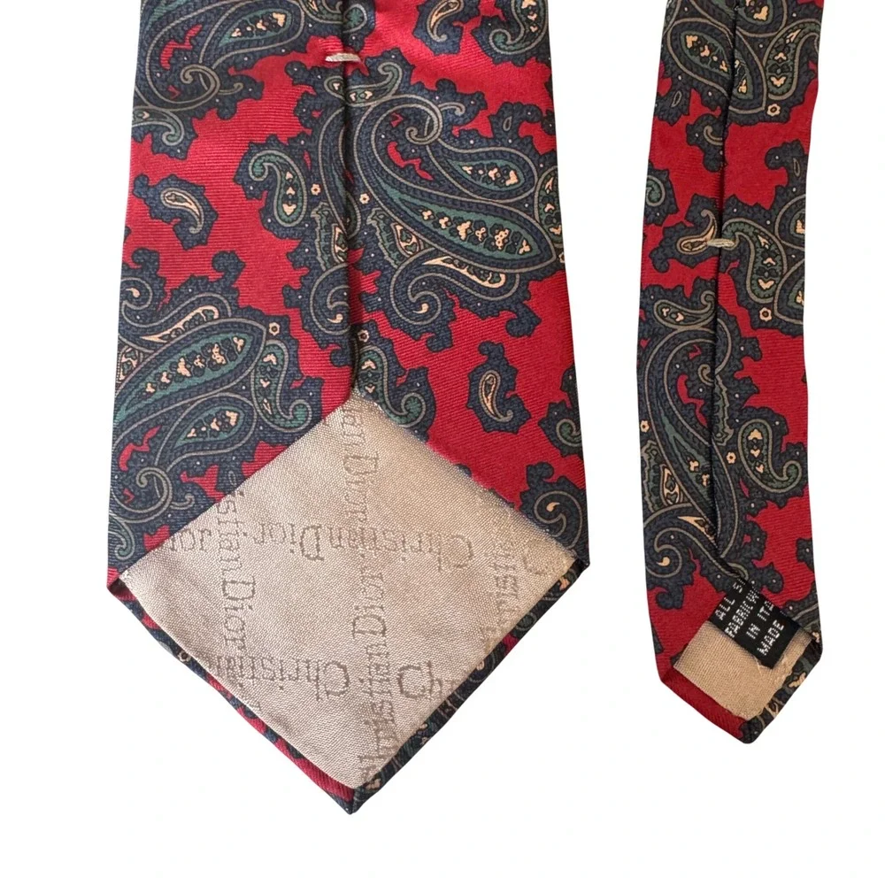 Christian Dior‎ Monsieur Tie Paisley Silk Red Navy Blue Vintage Designer Italy